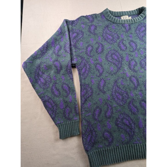 Vintage 90s Men's Large Sweater Paisley Print Retro Geek Chic Teal Purple - Picture 5 of 16